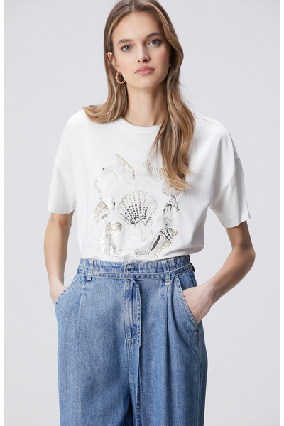 Network Kırık Beyaz Ön Beden Baskılı T-shirt