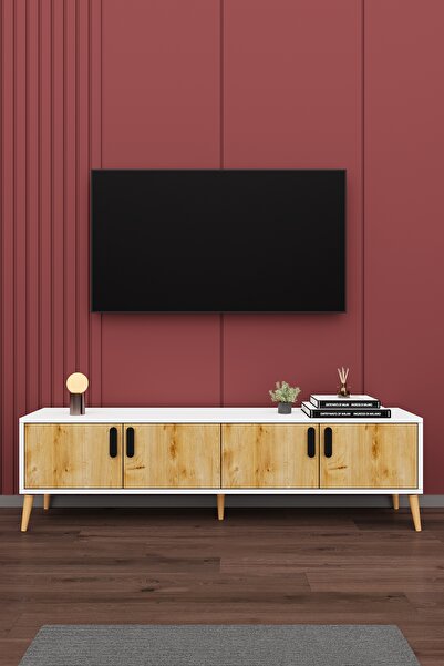 asratrend Modern TV Ünitesi %100 MDF 4 Kapaklı Ahşap Ayaklı Televizyon Sehpas...