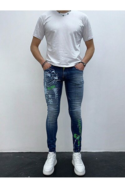 HerTon Erkek Mavi Baskı Detaylı Slim Fit Likralı Skinny Jean Pantolon