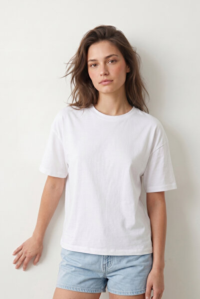 Elemge 100% Cotton Single Jersey Women's Boxy Fit White T-Shirt Loose Fit Dro...