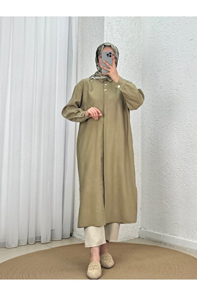 BENAHOLL Zemheri Çift Metal Düğmeli Yırtmaçlı Tunik-GS531 Yağ Yeşili