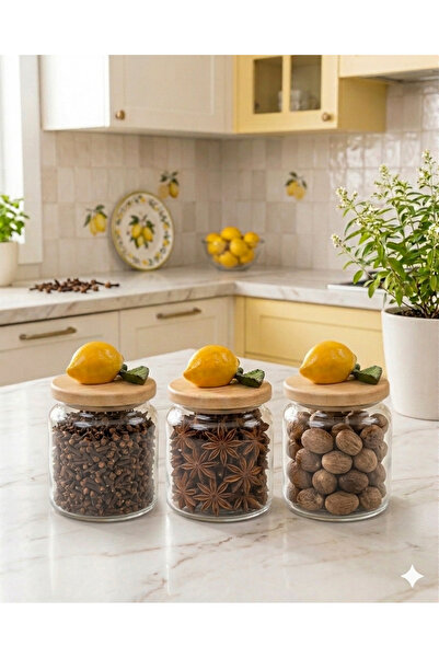 Kare Home Bambu Kapaklı Vakumlu 3lü Cam Kavanoz Seti (500 ml) LİMON DETAYLI