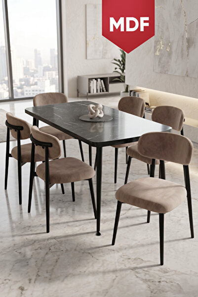 Canisa Runes Serisi MDF Sabit 80x130 Siyah Mermer Desen Mutfak Masası Takımı ...