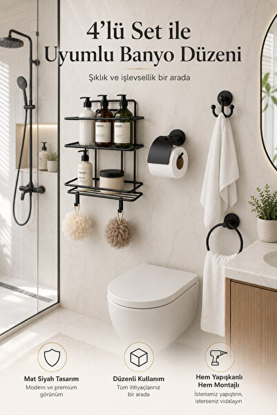 Alper Banyo Siyah Paslanmaz 2li Şampuanlık Banyo Rafı Tş02 Geniş Kapaklı Halk...