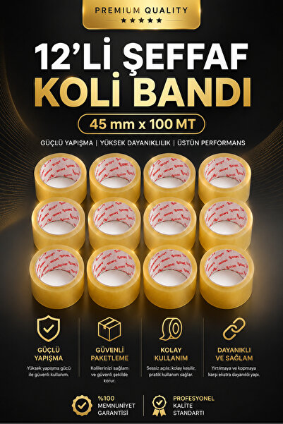 BUMY (12 ADET) Şeffaf Koli Bandı 45 mm x 100 METRE Güçlü Yapışkanlı Paketleme...