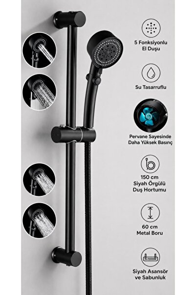 FAWER Faucet & Shower Siyah 5 Fonksiyonlu Pervaneli Örgülü Hortumlu Sürgülü D...