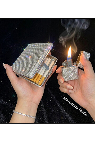 Mercandamoda Lüks Kadın Metal Taşlı Sigara Tabakası Çakmak Aksesuar Set
