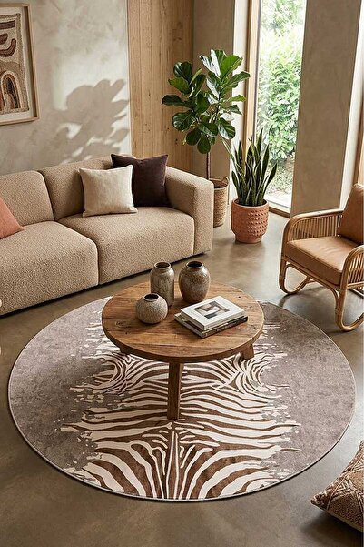 Frenda Home Zebra Desen Kaymaz Deri Taban Yuvarlak Halı Bej