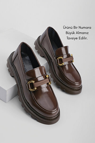 Marjin Loafer de damă cu talpă înaltă cu cataramă pantofi casual Kinles maro
