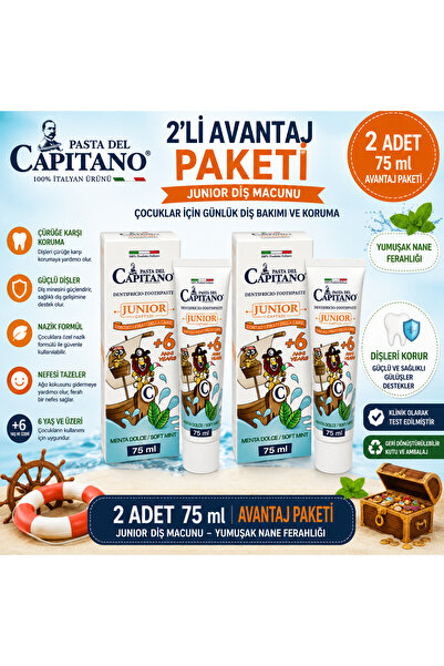 Pasta Del Capitano معجون أسنان كابيتانو للأطفال +6 بنكهة النعناع الخفيف 75 مل...