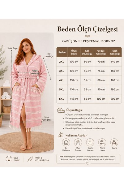 MODELHOME Cotton Gray Colored Large Size Hooded Peshtamal Bathrobe, Dressing Gown and Beach Dress (Mega Size)