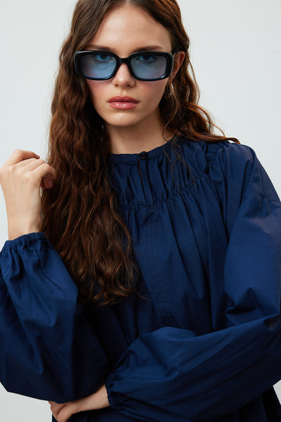 Manuka Tunic with Ruched Collar Navy Blue