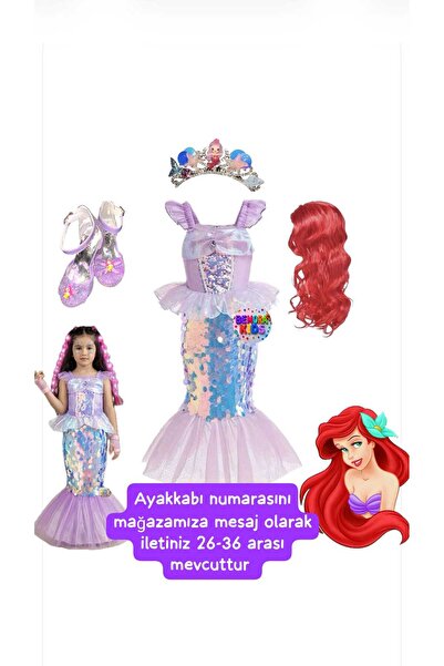 3b kids Peruklu Deniz Kızı Kostüm Topuklu Ayakkabı Set (AYAKKABI NUMARASINI M...