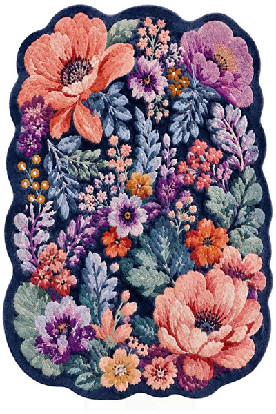 Rugs Modern Halı SDT Şekilli Çiçek Desenli Lacivert Bohem Modern Dokuma Taban...