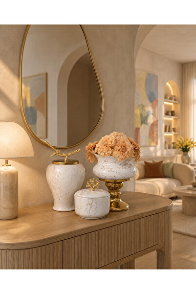 Decorative Object LIVING ROOM SET White Marble Potted with Legs White Marble King White Marble Box Gold