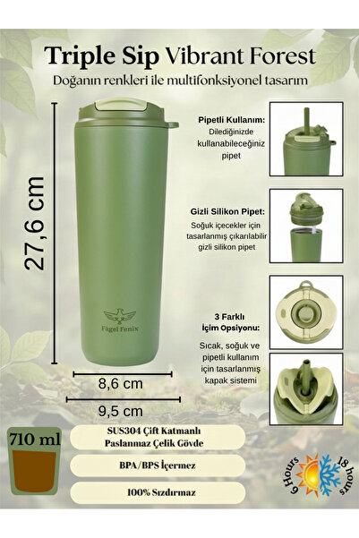 Fagel Fenix 710 ml Triple Sip Vibrant Forest Çift Katmanlı Paslanmaz Çelik Te...