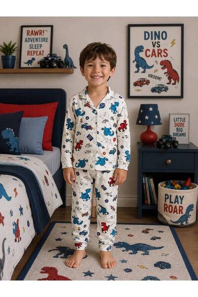 Pajama Shop Dečački 100% pamuk delni ecru dinosaur Sa deznom Košulja kragna p...