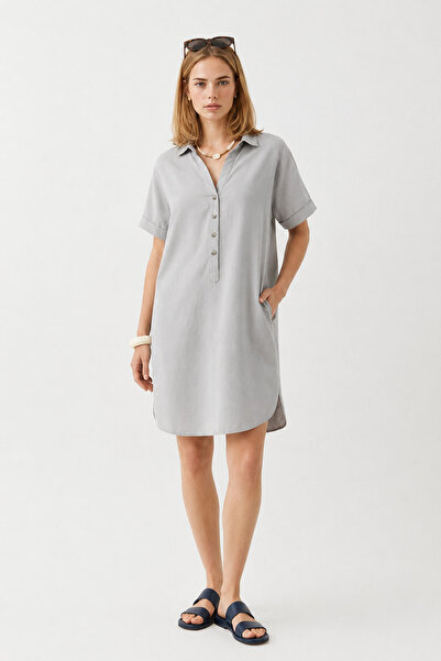VENA Marissa Button Front Short Sleeve Linen Dress(Tencel)(Tm) - Gray