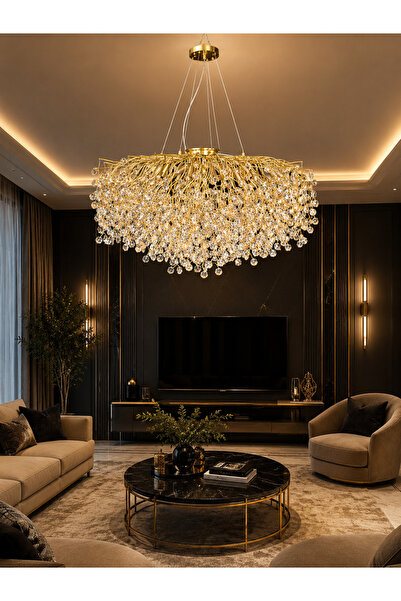 Led YENİ MODEL 80 CM KRİSTAL AVİZE GOLD RENK İTHAL KASA 13 + 2 ADET AMPÜL 80 ...
