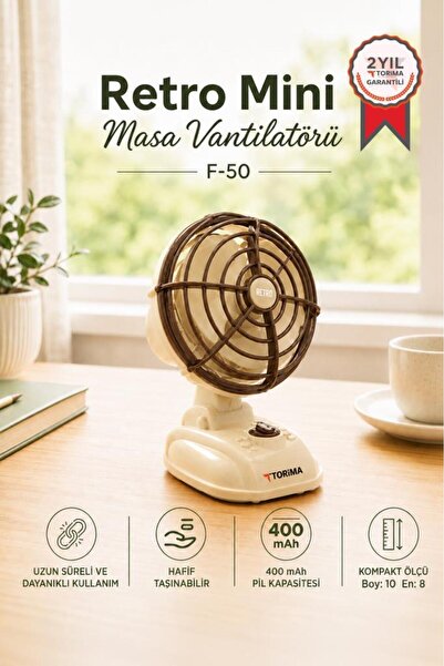 Torima Şarjlı Masaüstü Vantilatör Vintage Retro Tasarım 400 Mah Taşınabilir M...