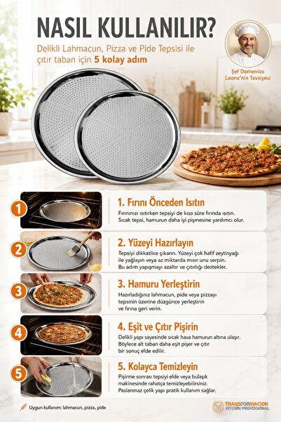 Transformacion 2'li Set Delikli Lahmacun Pizza Pide Tepsisi, 32 cm Paslanmaz Çelik Çıtır Pişirme Tabağı, Fırın Tepsisi 719633