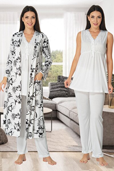 Generic Brand Effortt 8034 Pijama de maternitate cu model ecru și halat