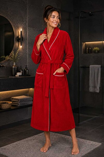 Serafina Elegance Premium Bornoz %100 Pamuk Kontrast Beyaz Biyeli Yumuşak Dok...