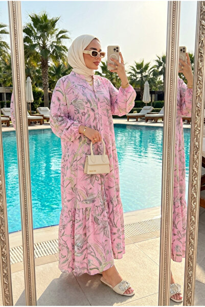 Kirazca Butik Kadın Soft Floral Desenli Maxi Tesettür Elbise – Rahat Kalıp
