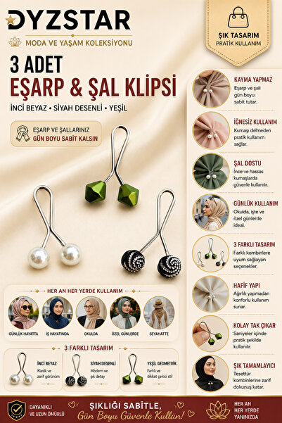 Genel Markalar 3 Adet Tesettür Eşarp ve Şal Klipsi Seti İnci Beyaz Siyah Dese...