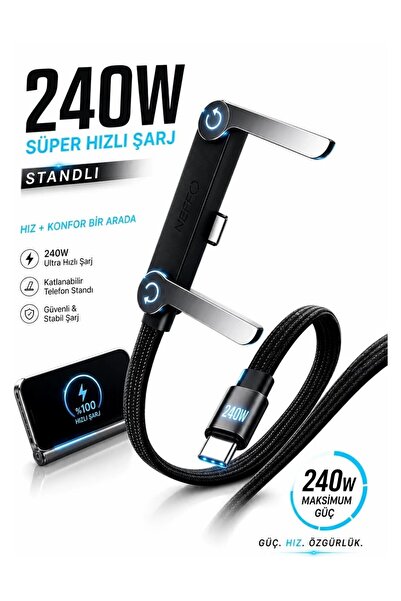 ROGGER 240W Type-C to Type-C Hızlı Şarj Kablosu Katlanabilir Telefon Standlı ...