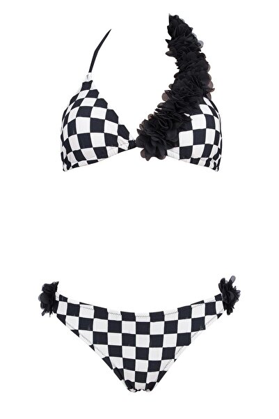 Lovekini Beachwear Queen Bw|b Çiçekli Siyah Beyaz Damalı Çocuk Üçgen Bikini