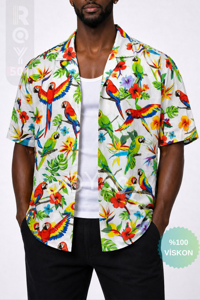 Men's Short Sleeve Shirt Parrot Patterned Short Sleeve Shirt Summer Shirt Men's Oversize Shirt
