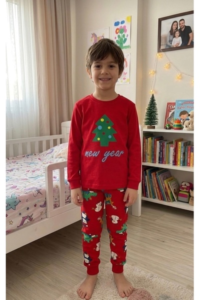 elmas kids Boy's 100% Cotton Red Pine Christmas Patterned Long Sleeve Pajama Set