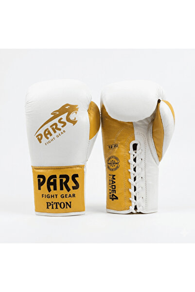 Pars Piton Profesyonel Bağcıklı Hakiki Deri Boks Eldiveni Beyaz-Gold