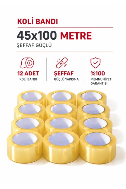 Fotografyabaskı 12 Adet Koli Bandı 45 Mm X 100 Mt Şeffaf Güçlü Yapışkanlı Kop...