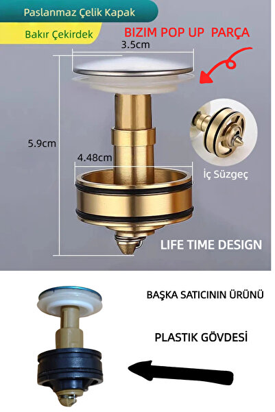 LIFE TIME DESIGN YENİ NESİL Lüks Pop-up Lavabo Eviye Gider Sifonu Basmalı Tas...