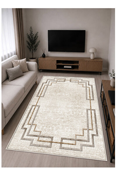 STY Home Krem Dijital Baskı Halı Kaymaz Tabanlı Yıkanabilir Halı Yolluk Salon...