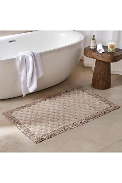 PAN HOME سجادة حمام من القطن التركي من هافن سوفت بإطار مربعات 70×120 سم - بيج