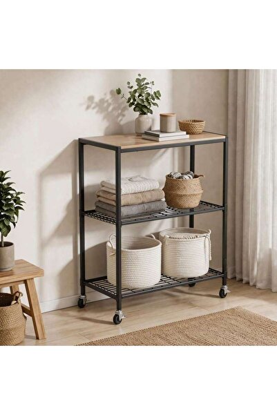 PAN HOME Linea 3 Tier Storage Shelf With Wheels 61x33x70 - Black/natural