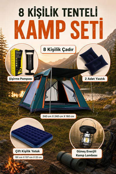 post alley 8 Kişilik Tam Otomatik Tenteli Kamp Çadırı + Çift Kişilik Şişme Ya...