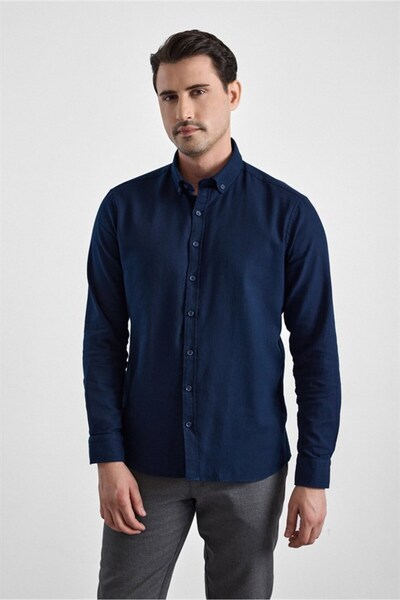 SÜVARİ Lacivert Slim Düğmeli Yaka Düz Casual Gömlek