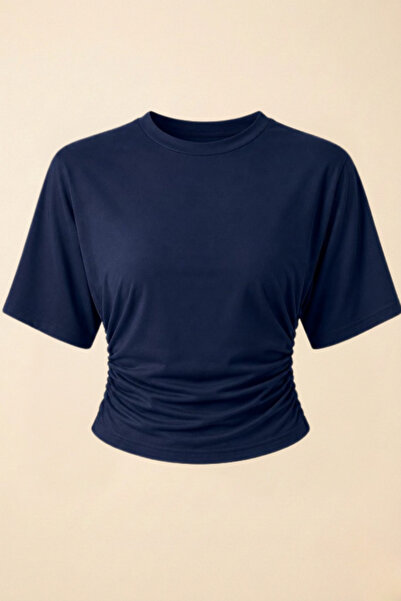 Potenza Women's T-Shirt Short Batwing Sleeve Crew Neck Side Gathered Pleated ...