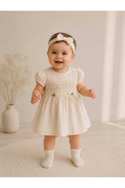 Minicix 2111 dantel detay ponpon elbise bebek bej