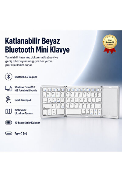 H Katlanabilir Beyaz Her Cihaza Bluetooth İle Uyumlu Portatif Taşınabilir Dok...