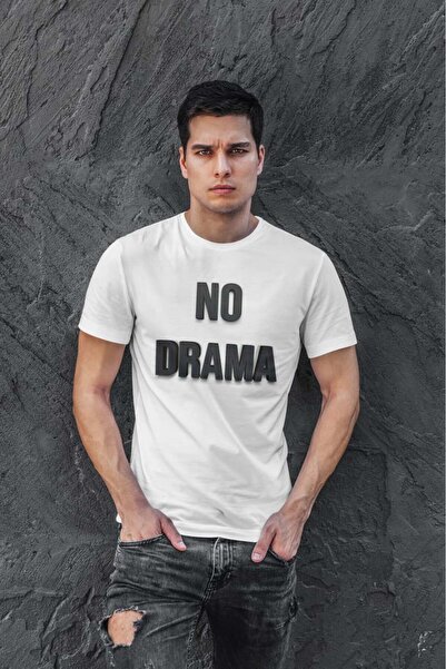 buzagi tasarım ürünleri No Drama Digital Print Regular Fit Unisex White T-Shirt