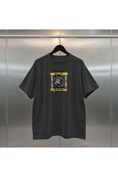 buzagi tasarım ürünleri Good Vibes Oversize Digital Printed Black T-Shirt