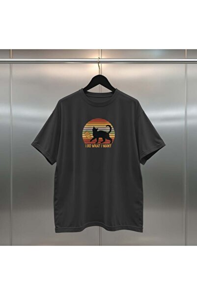 buzagi tasarım ürünleri Cat Digital Print Oversize Unisex Black T-Shirt