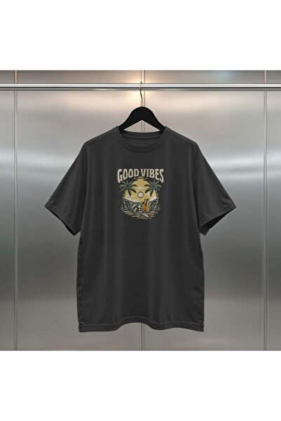 buzagi Good Vibes Digital Print Oversize Unisex Black T-Shirt