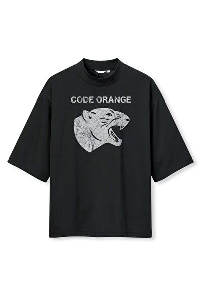 buzagi tasarım ürünleri Code Orange Digital Print Oversize Black Unisex T-Shirt