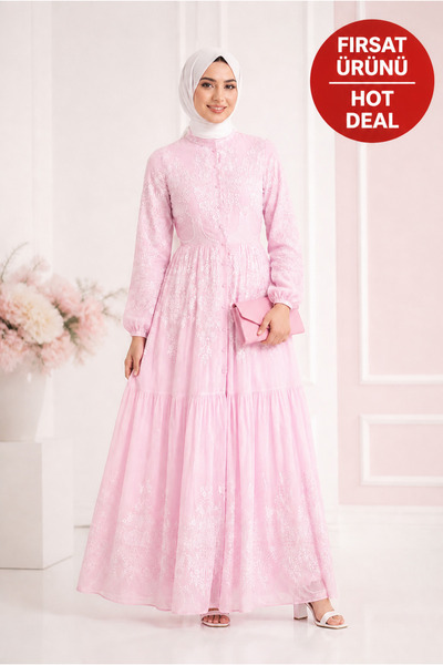 Muslima Wear فستان نسائي من بيرلا روسا بأزرار لؤلؤية ونقشة وردة وردية